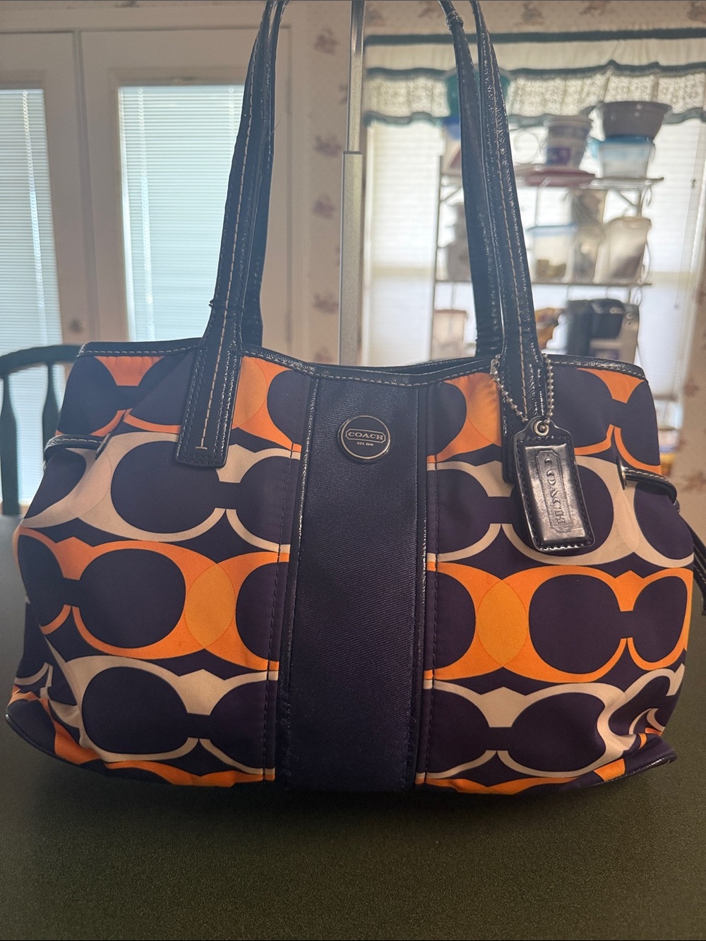 Coach Navy and Orange Circle-Print Shoulder Tote